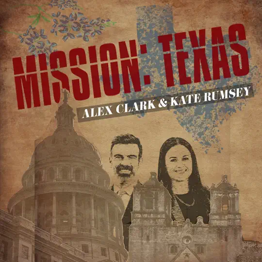 Mission: Texas Podcast - Vintage style cover art featuring Texas landmarks, hosts Alex Clark and Kate Rumsey